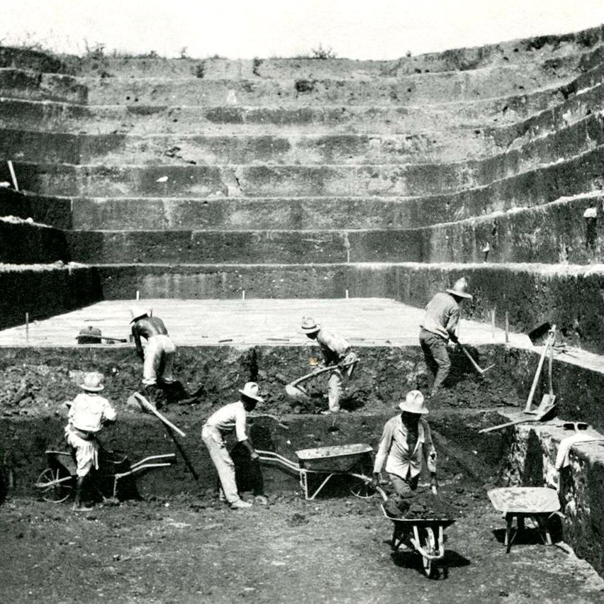 Burkitt Chocola's team digging 13 meters down in year 1928 black and white photo