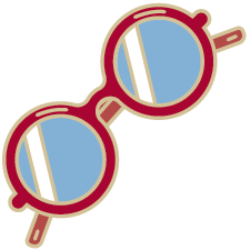 An illustration of a pair of circular glasses, reminiscent of those worn by Benjamin Franklin, with blue lenses and red frames.