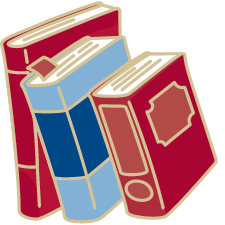 An illustration of three books with red and blue jackets.