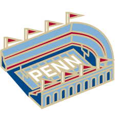 An illustration of Franklin Field, stylized in red and blue, with the word 'PENN' in large letters on the field.
