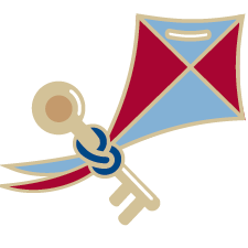 An illustration of a red and blue kite tied of a large brass key.
