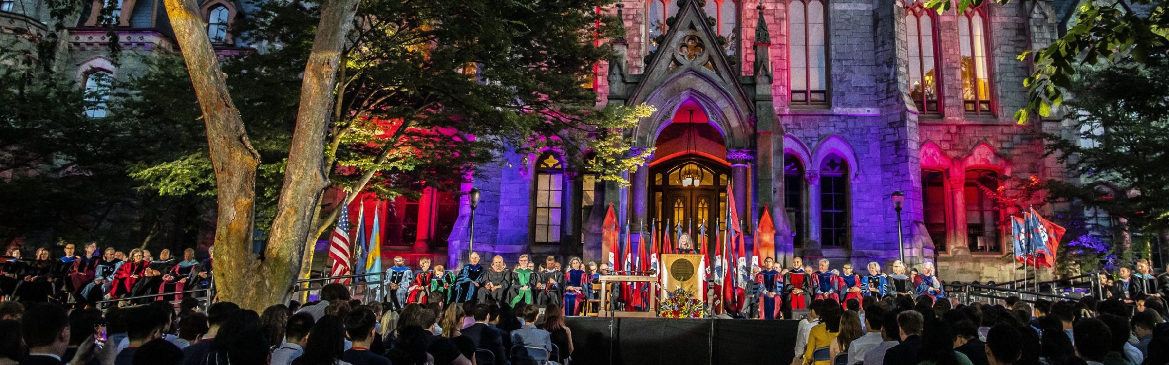 college hall lit up for an event
