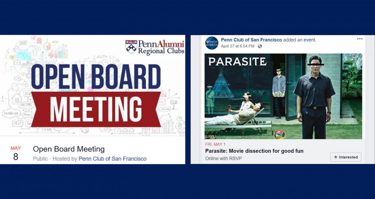 Two Facebook events for Penn Club San Fransisco