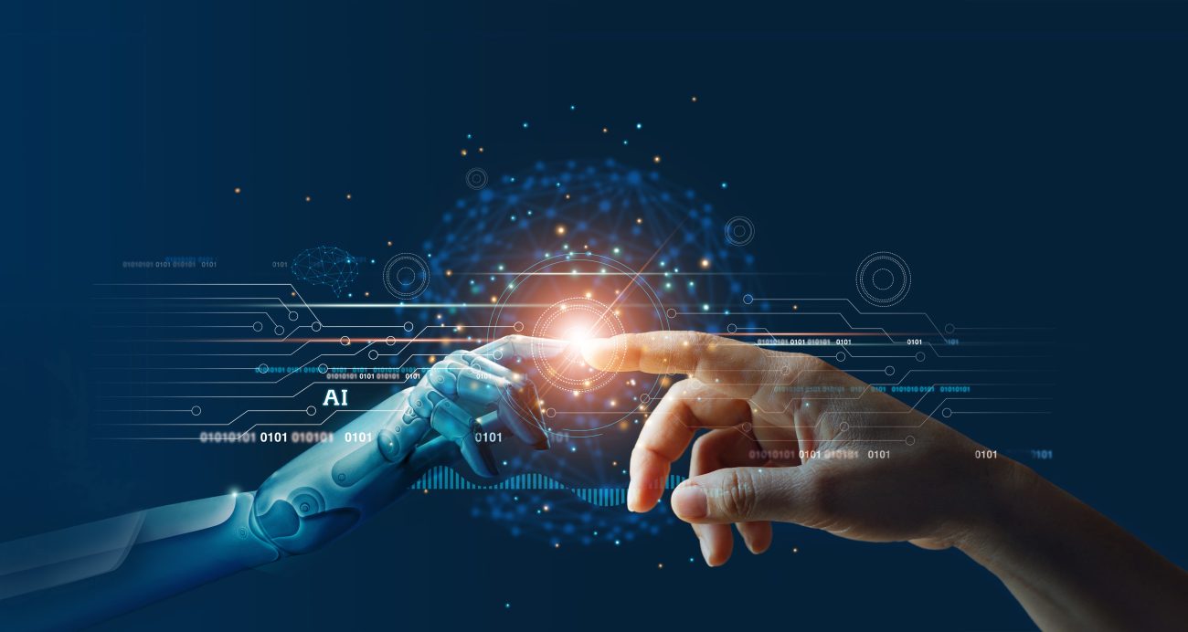 A conceptual image depicting the interaction between a human hand and a robotic hand, set against a futuristic digital background filled with circuit diagrams and data streams. The focal point is where the fingertips of the human and robot touch, symbolizing the integration and harmony between human intelligence and artificial intelligence.