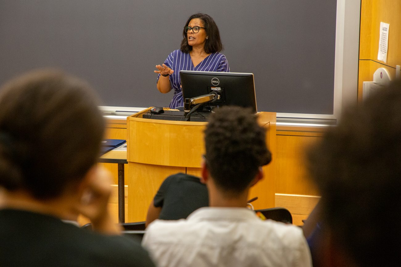 Camille Charles giving a lecture in class