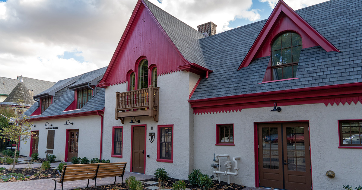 An exterior view of the newly renovated Penn Boathouse.