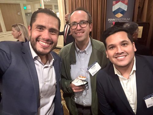 (l-r) Carlos Hernandez, C'08, Nicolas Rodriguez, C'04, and Luis Gomez, C'09, at the Penn Forward Los Angeles Penn Spectrum mixer.