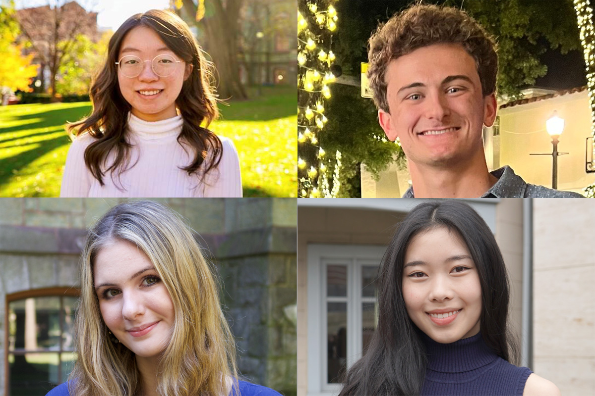 A composite image of students who have received funding from the Penn Live Arts Career Development Fund, including (clockwise from upper left) Ejun Hong, Evan Golinsky, Heather Shieh, and Lucy Gale.