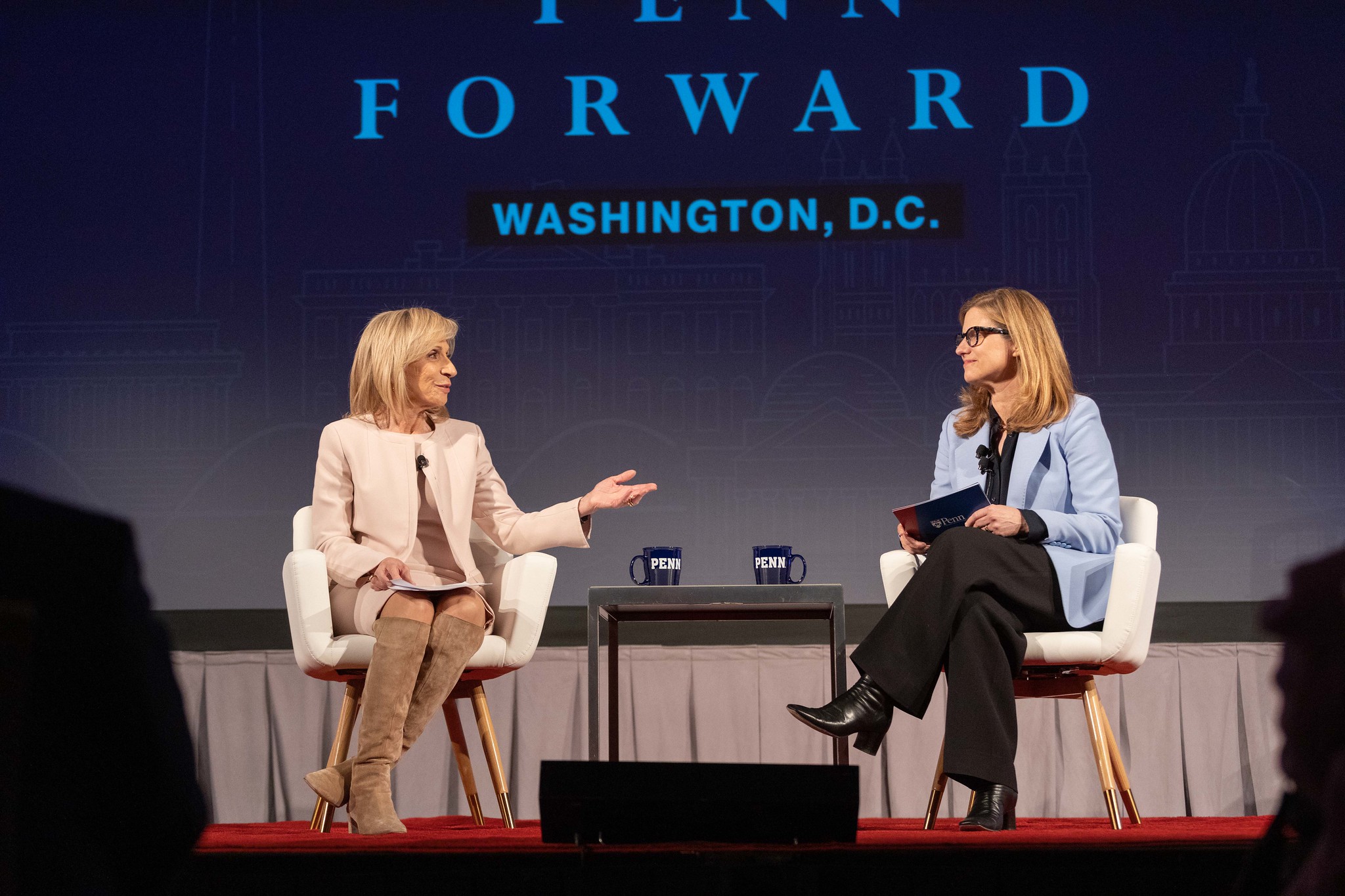Penn President Liz Magill speaks on stage with Andrea Mitchell, CW’67, Chief Foreign Affairs Correspondent for NBC, during the Penn Forward event in Washington, D.C.