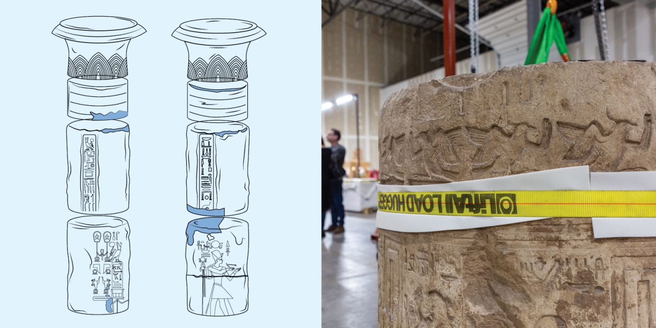 A split image contrasting an ancient Egyptian artifact's drawings with its restoration process. The left side displays a detailed line drawing of two large columns, each split into three sections, adorned with hieroglyphics and intricate patterns. The right side of the image shows a close view of one column section, secured with bright yellow caution tape, in a well-lit warehouse setting.