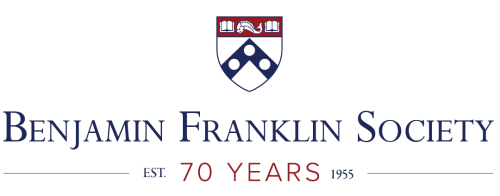 A logo featuring the University of Pennsylvania shield and the words "Benjamin Franklin Society" on one line and "70 Years - Est. 1955" on another