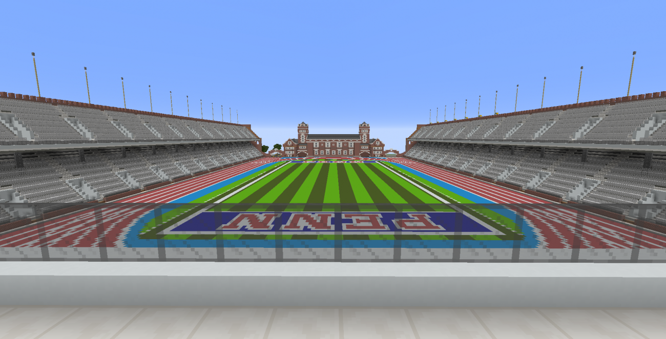 Front angle of the digital Franklin Field in Minecraft