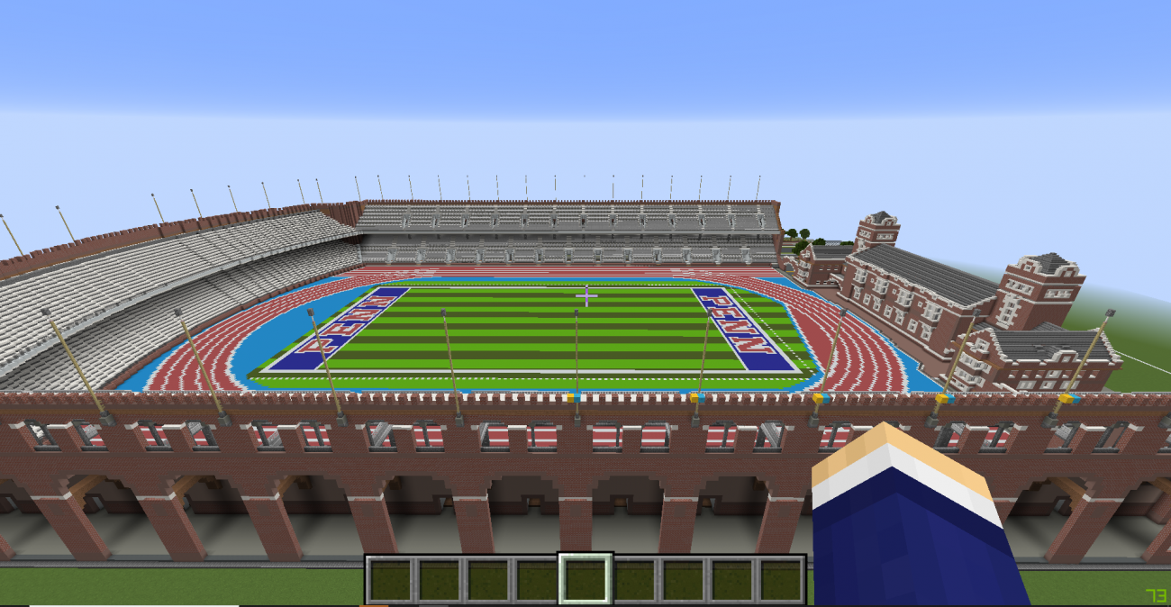 Side angle of the digital Franklin Field in Minecraft
