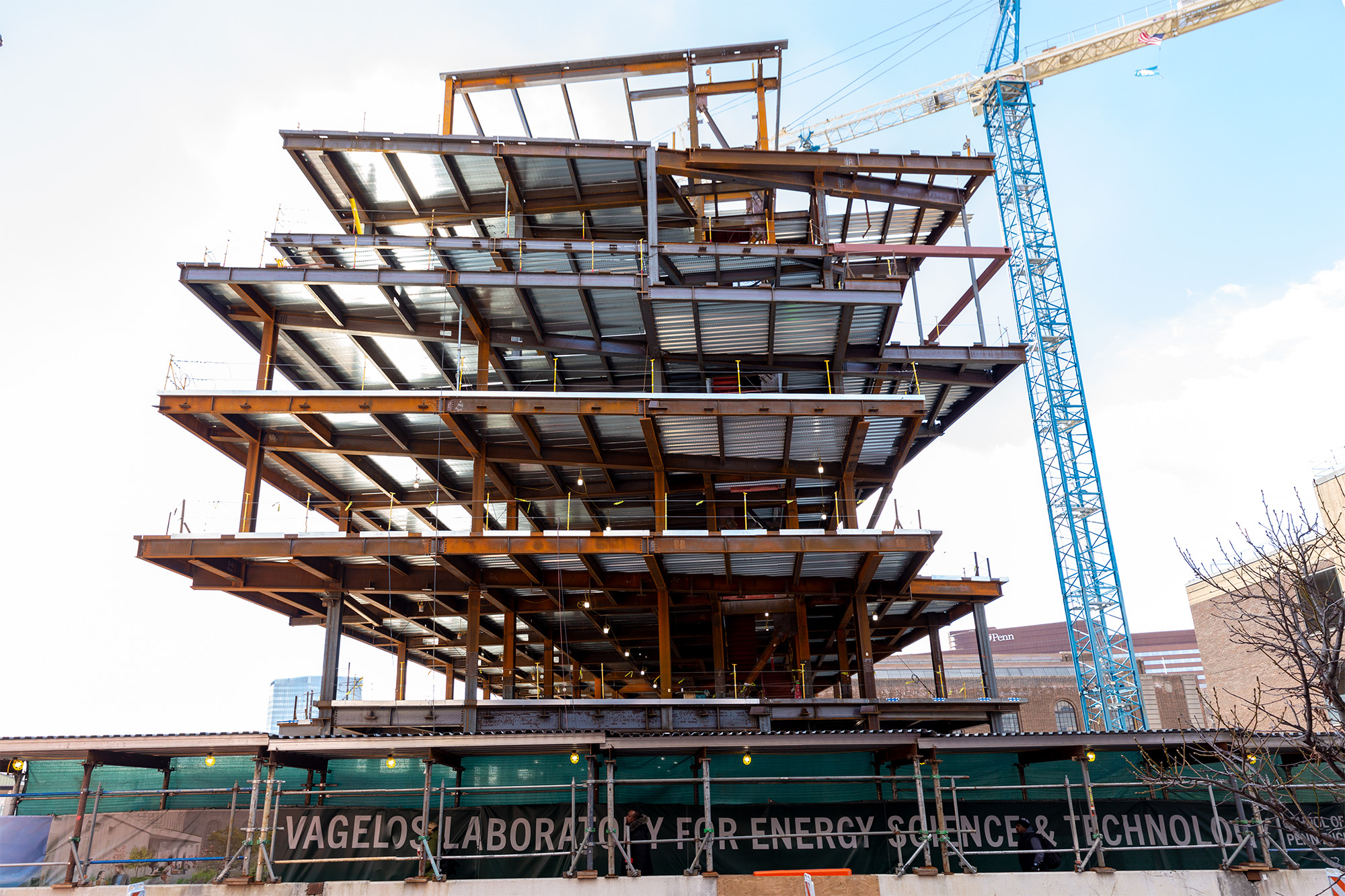 A street-level view of the upcoming Vagelos Laboratory for Energy Science and Technology, currently under construction at the University of Pennsylvania.