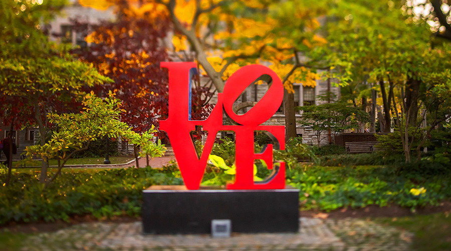 The LOVE statue on College Green at the University of Pennsylvania.