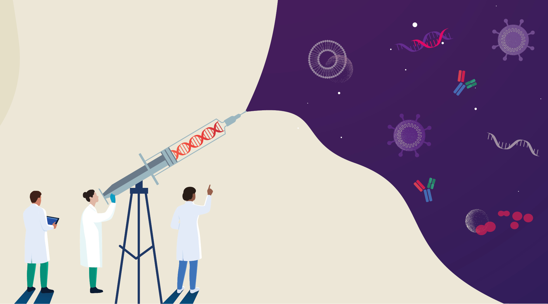 Illustration depicting three scientists using a large telescope aimed towards a vivid cosmic scene. The telescope projects a DNA double helix into a space filled with abstract representations of microscopic entities like viruses, antibodies, and other molecular structures, against a deep purple background. This visual metaphor highlights scientific exploration and discovery in molecular biology.