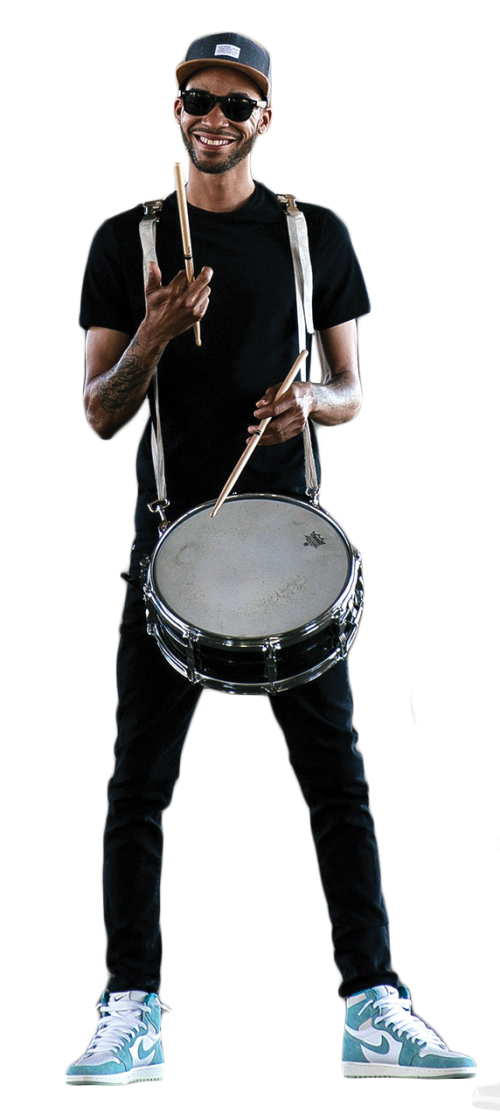 A performer from the New Breed Brass Band taps the drum.