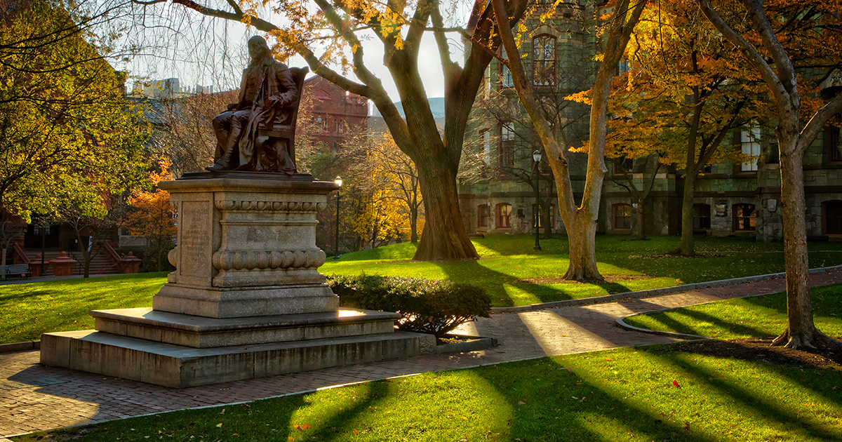 The statue of Benjamin Franklin on College Green at the University of Pennsylvania.
