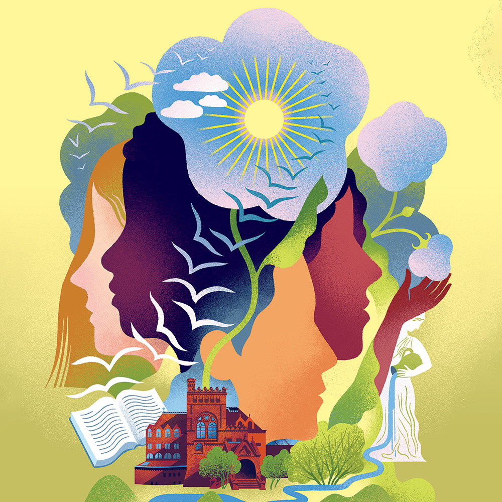 An artistic illustration of four human faces amidst climbing vines, leaves, clouds, and flying birds.