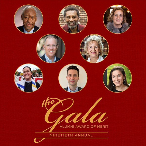 Headshots of eight Penn alumni featured against a red background for the 90th Annual Alumni Award of Merit Gala.