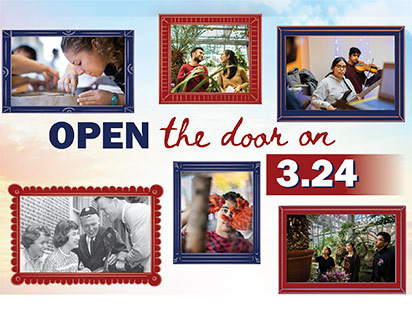 Promotional graphic for Giving Red and Blue Day, with framed photos of Penn students surrounding the words, "Open the Door on 3.24"