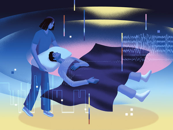 Stylized illustration of a patient sleeping under observation with brainwave and data graphics surrounding them.