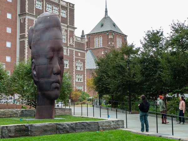 Photo of the large-scaled Rui Rui sculpture recently installed in Harrison Garden at the Penn Museum