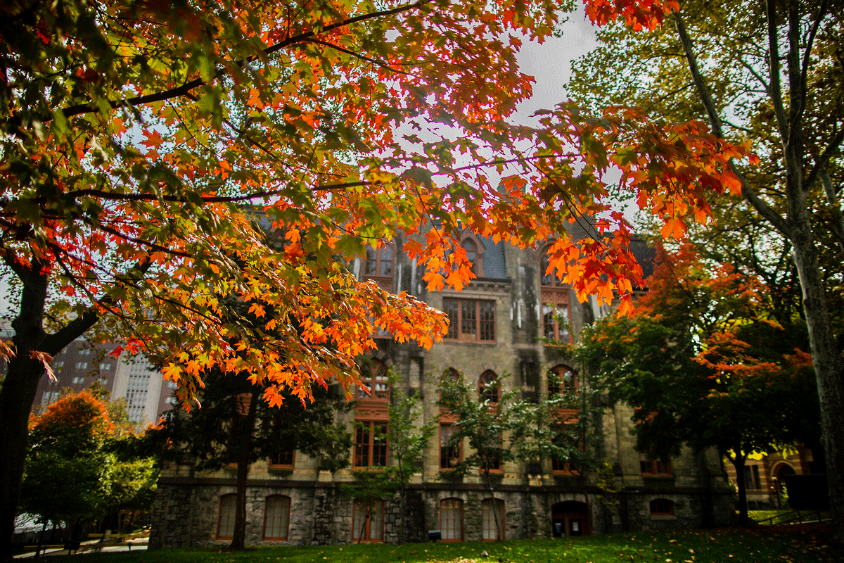 Colorful fall foliage surrounds College Hall on a crisp, sunny day.
