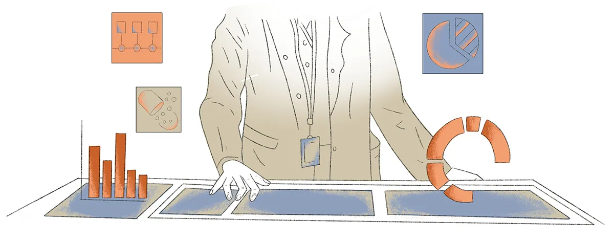 Illustration of a researcher interacting with data visualizations and scientific models, representing AI-driven research in early drug discovery.