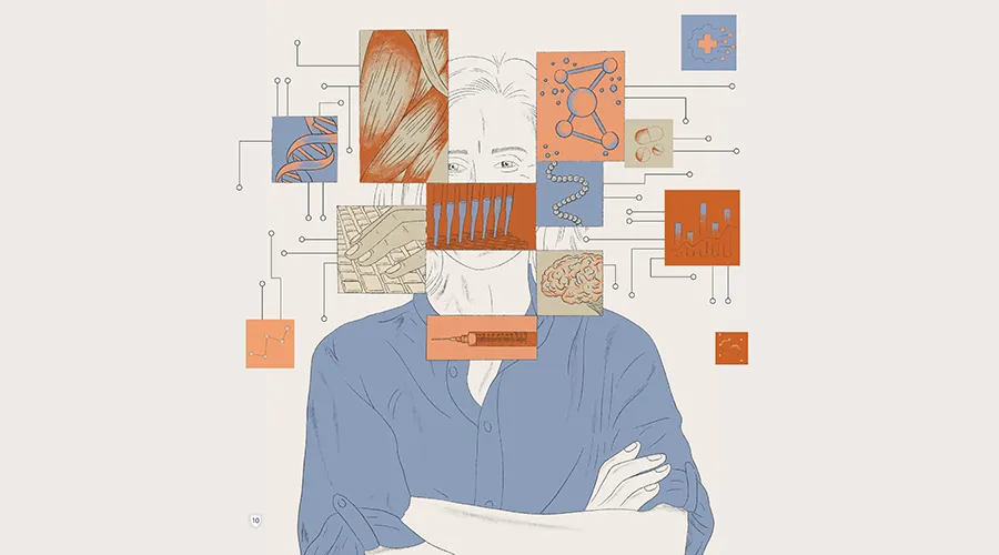 Illustration showing medical and scientific symbols connected by circuits around a researcher, representing AI in early drug discovery at Penn Medicine.