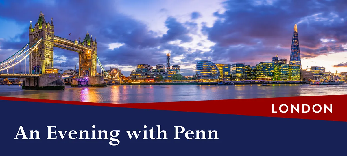 Tower Bridge and London skyline at dusk with text overlay promoting “An Evening with Penn” in London.