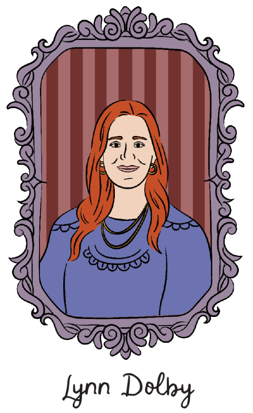 An illustrated portrait of Lynn Dolby set in an ornate, periwinkle-colored frame.