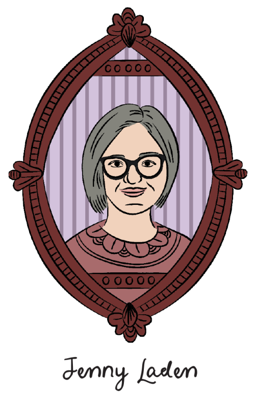 An illustrated portrait of Jenny Laden set in an oval-shaped maroon frame.