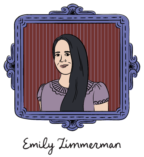 An illustrated portrait of Emily Zimmerman set in a purple frame.