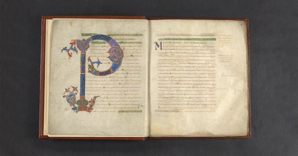 Decorated Latin manuscript from LJS 101, showing Boethius’s 9th-century translation of Aristotle’s Periermenias.