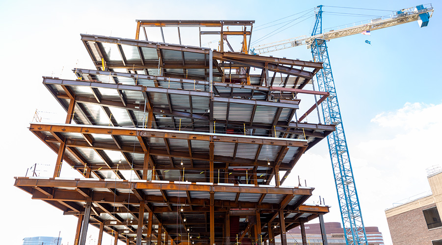 A street-level view of the upcoming Vagelos Laboratory for Energy Science and Technology, currently under construction at the University of Pennsylvania.