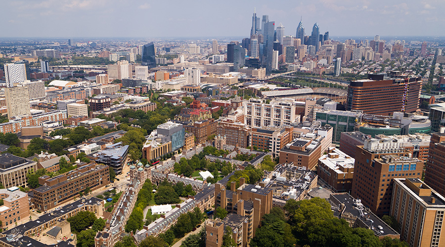 A wide aerial view of the University of Pennsylvania campus