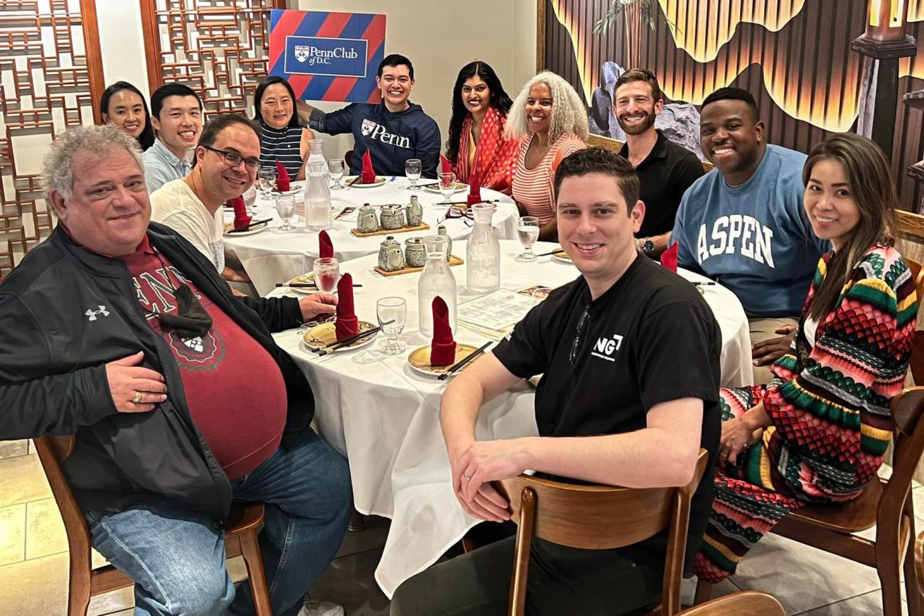 Members of the Penn Club of D.C., including club president Vivian Ramirez, enjoy a group dinner together