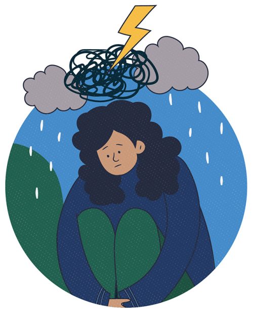 Illustration depicting a woman encapsulated within a world-like sphere, under a cloud with a tangle of lines and a lightning bolt above her head, symbolizing mental turmoil or confusion. She appears contemplative and subdued amid a backdrop of rain, conveying a mood of introspection or melancholy.