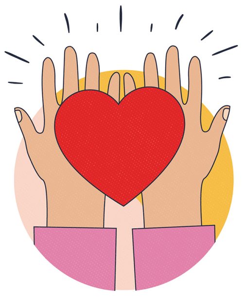 Colorful illustration depicting four hands of diverse skin tones cradling and uplifting a large, bright red heart, set against a light blue background. This image symbolizes unity, diversity, and communal support, conveying a message of collective care and empathy.