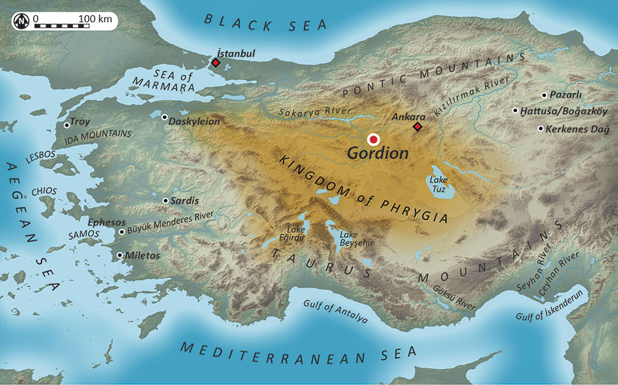 A map of Anatolia showing the area of Phrygian control in the Iron Age. Map by Gareth Darbyshire, Gabriel H. Pizzorno, and Ardeth Anderson.