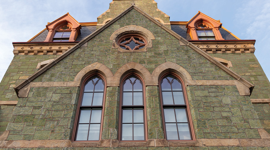 An exterior view of the top floor of College Hall at the University of Pennsylvania.