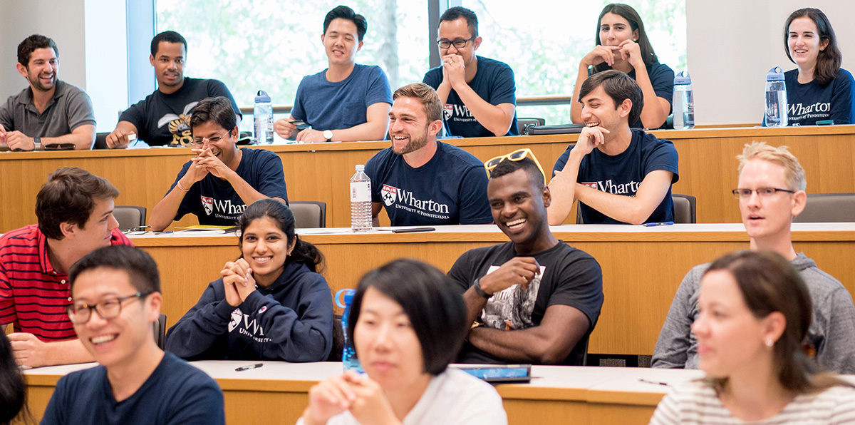 A class full of students in the Wharton School at the University of Pennsylvania.
