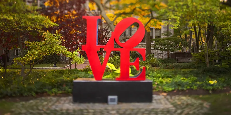 The LOVE sculpture on Penn’s campus, symbolizing the supportive and caring environment fostered by the I-Care Program Gift Fund.