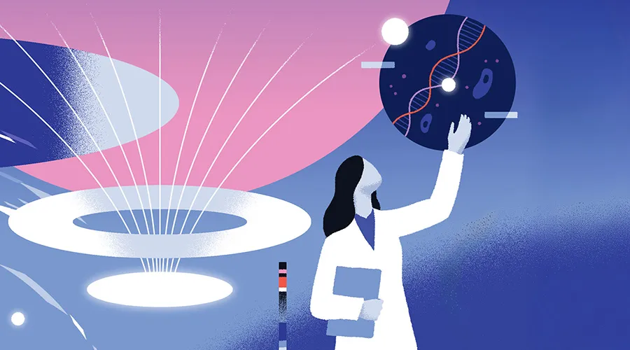 An illustration representing artificial intelligence (AI) research at Penn, featuring a scientist in a lab coat holding a clipboard and examining a DNA graphic, set against a futuristic blue and pink background with abstract shapes and light beams.