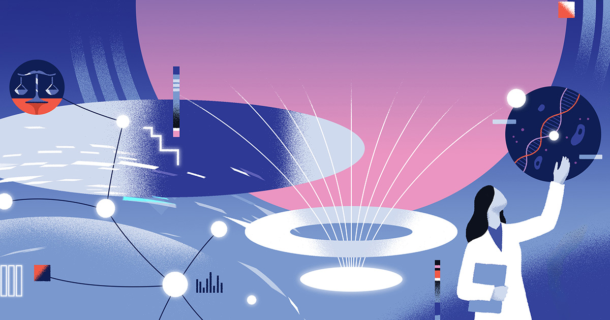 A futuristic illustration representing artificial intelligence research at Penn, featuring a scientist examining a DNA graphic amidst interconnected nodes, scales of justice, and abstract shapes, set against a gradient blue and pink background.