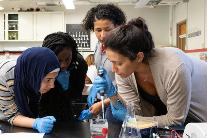 Four young students engage in a hands-on science experiment in a bright laboratory setting. They are focused on a benchtop setup where one of them is using a pipette to carefully transfer a red liquid into a container.