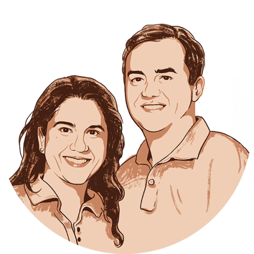 An illustrated portrait of Nisha, W’96, PAR’25, and Brian Hurst, W’94, PAR’25.