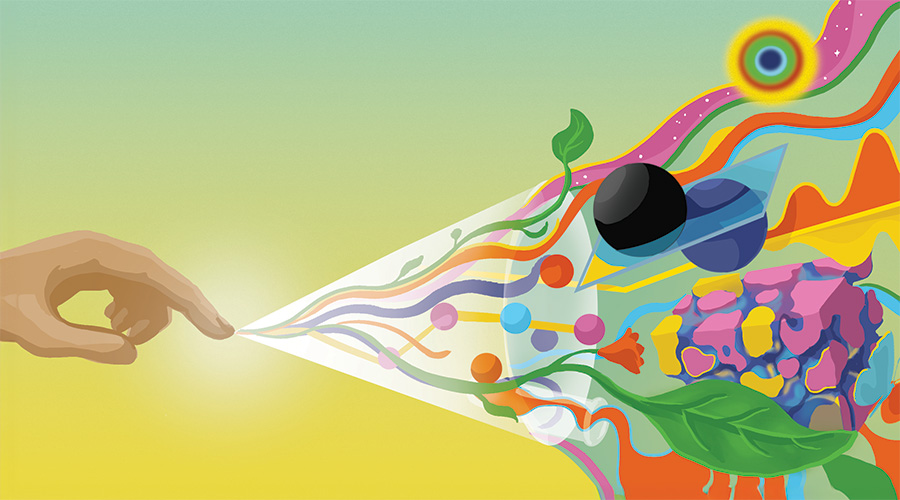 A vibrant, artistic illustration of a human hand touching a pointed beam of light that transitions into an explosion of colorful, abstract elements. This stream includes various geometric shapes, organic forms, and swirling patterns, set against a soft gradient of yellow to green background.