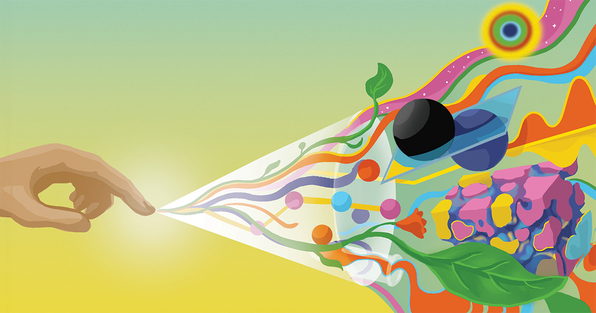 A vibrant, artistic illustration of a human hand touching a pointed beam of light that transitions into an explosion of colorful, abstract elements. This stream includes various geometric shapes, organic forms, and swirling patterns, set against a soft gradient of yellow to green background.